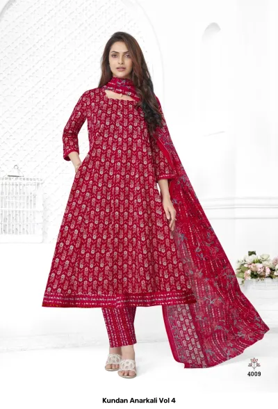 Kundan Anarkali Vol 4 design 10 of 14 — Heavy Cotton Readymade Suits with print by Kundan, wholesale Surat