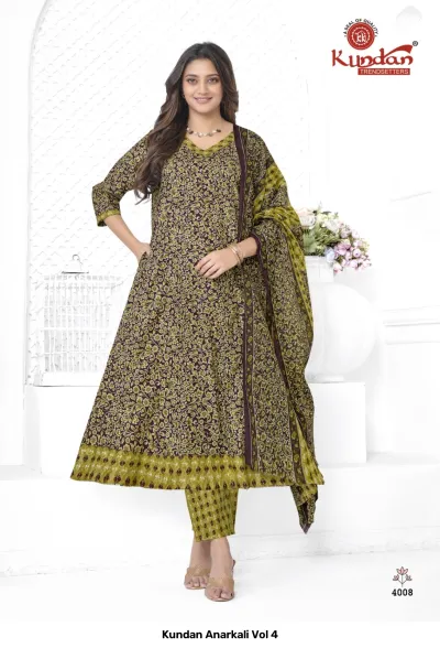 Kundan Anarkali Vol 4 design 11 of 14 — Heavy Cotton Readymade Suits with print by Kundan, wholesale Surat