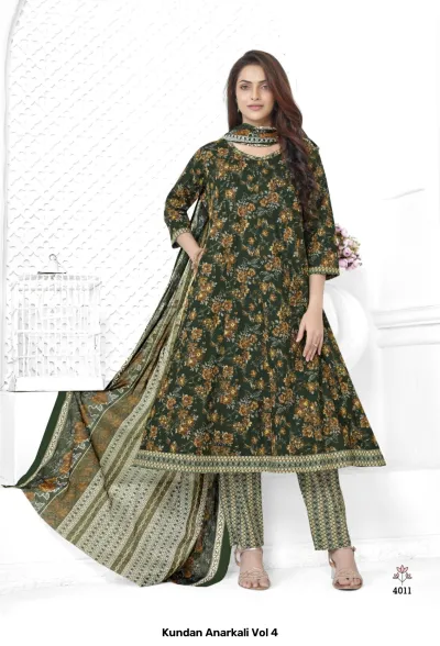 Kundan Anarkali Vol 4 design 12 of 14 — Heavy Cotton Readymade Suits with print by Kundan, wholesale Surat