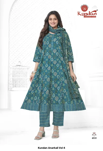 Kundan Anarkali Vol 4 design 13 of 14 — Heavy Cotton Readymade Suits with print by Kundan, wholesale Surat