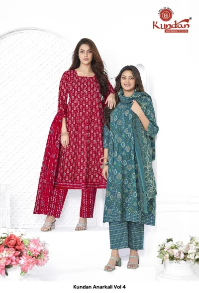 Kundan Anarkali Vol 4 design 2 of 14 — Heavy Cotton Readymade Suits with print by Kundan, wholesale Surat
