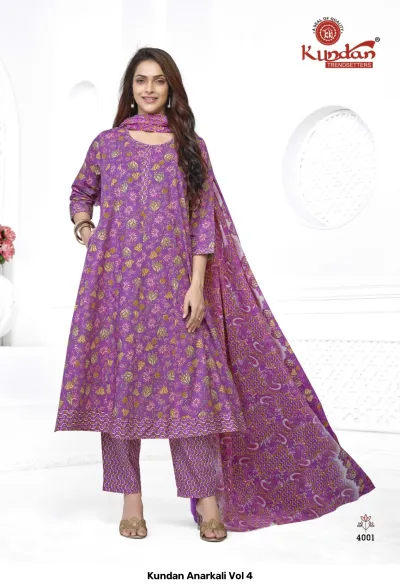 Kundan Anarkali Vol 4 design 3 of 14 — Heavy Cotton Readymade Suits with print by Kundan, wholesale Surat