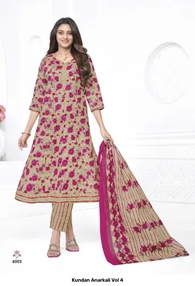Kundan Anarkali Vol 4 design 4 of 14 — Heavy Cotton Readymade Suits with print by Kundan, wholesale Surat
