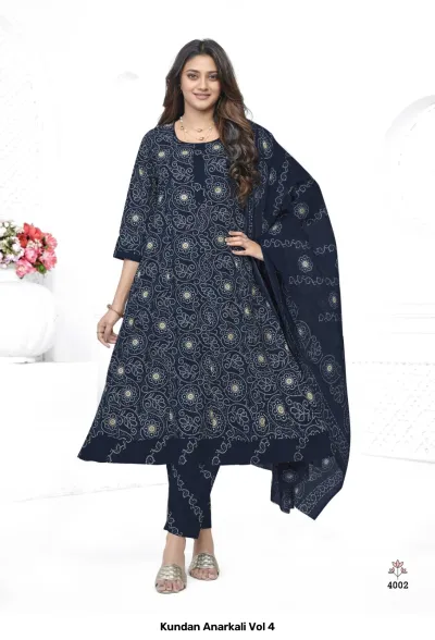 Kundan Anarkali Vol 4 design 6 of 14 — Heavy Cotton Readymade Suits with print by Kundan, wholesale Surat