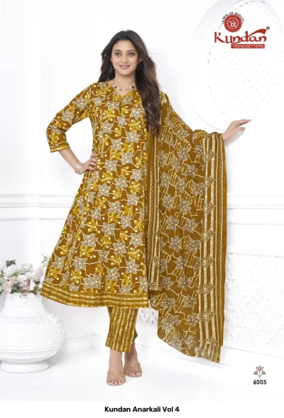 Kundan Anarkali Vol 4 design 7 of 14 — Heavy Cotton Readymade Suits with print by Kundan, wholesale Surat
