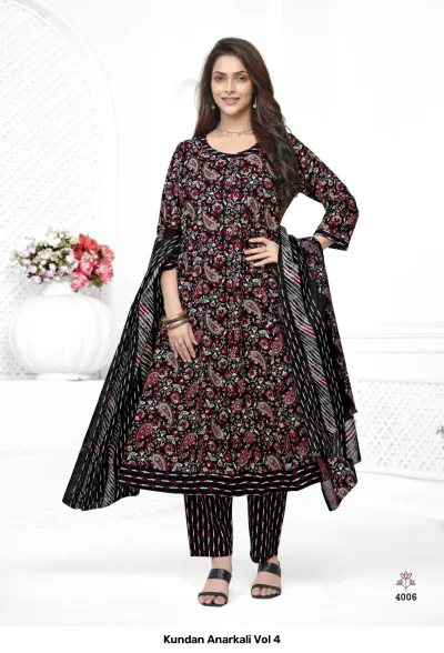 Kundan Anarkali Vol 4 design 8 of 14 — Heavy Cotton Readymade Suits with print by Kundan, wholesale Surat