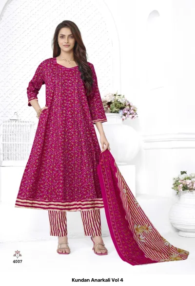 Kundan Anarkali Vol 4 design 9 of 14 — Heavy Cotton Readymade Suits with print by Kundan, wholesale Surat