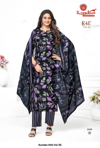 Kundan K4U Vol 35: Black salwar suit with a purple floral print, striped pants, and a dark matching dupatta.