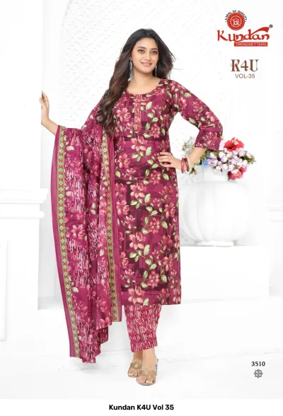 Kundan K4U Vol 35: Maroon salwar suit featuring a floral print, matching trousers, and a coordinating floral dupatta.