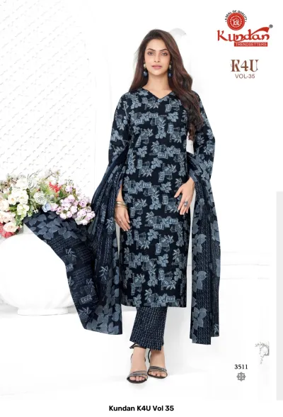Kundan K4U Vol 35: Dark grey salwar suit with a white floral pattern, matching trousers, and a coordinated floral dupatta.