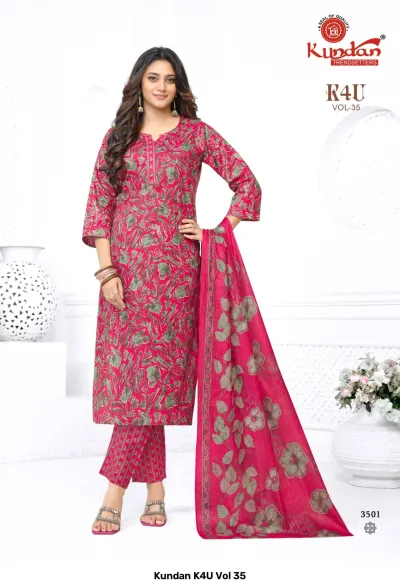 Kundan K4U Vol 35: Pink salwar suit with green abstract print, matching pants, and floral dupatta.