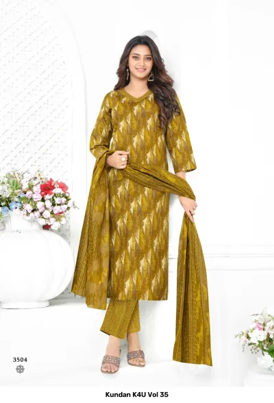Kundan K4U Vol 35: Olive green salwar suit with a textured abstract pattern, matching pants, and a coordinated dupatta.