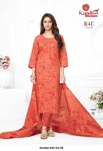 Kundan K4U Vol 35: Orange salwar suit with a floral pattern, matching pants, and a patterned dupatta.