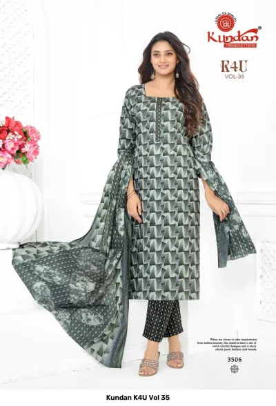 Kundan K4U Vol 35: Grey-green geometric patterned salwar suit with dark trousers and a matching printed dupatta.