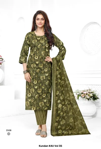 Kundan K4U Vol 35: Olive green salwar suit with a floral print, matching striped pants, and a coordinated floral dupatta.