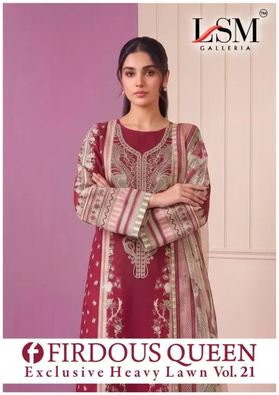 LSM Firdous Queen Vol 21 design 1 of 8 — PURE HEAVY LAWN Karachi Cotton Dress Material by LSM, wholesale Surat