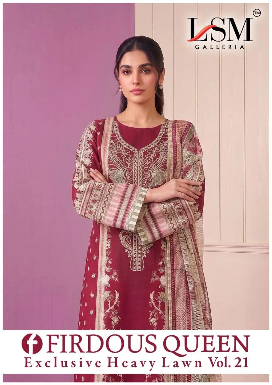 LSM Firdous Queen Vol 21 design 1 of 8 — PURE HEAVY LAWN Karachi Cotton Dress Material by LSM, wholesale Surat