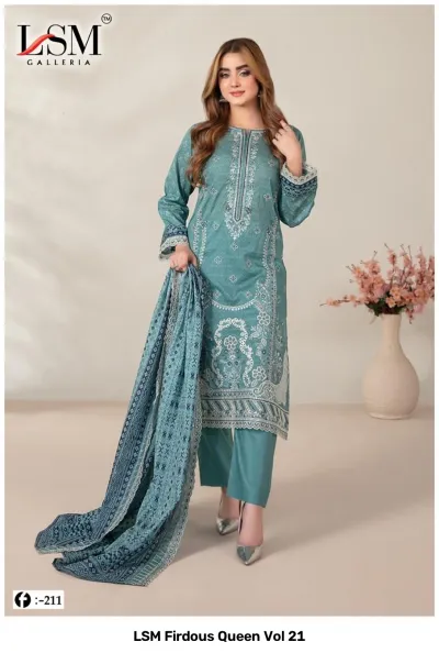 LSM Firdous Queen Vol 21 design 2 of 8 — PURE HEAVY LAWN Karachi Cotton Dress Material by LSM, wholesale Surat