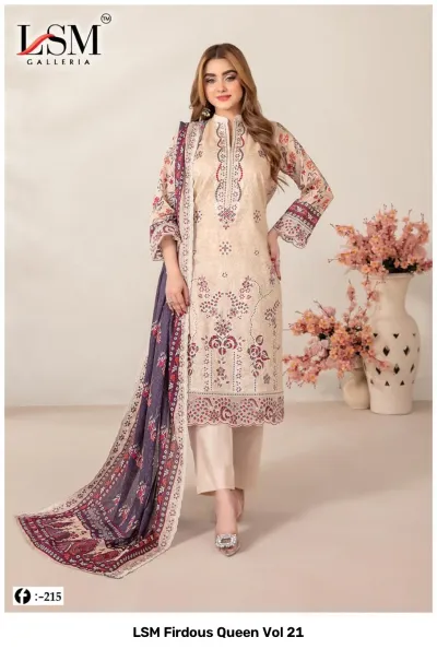 LSM Firdous Queen Vol 21 design 7 of 8 — PURE HEAVY LAWN Karachi Cotton Dress Material by LSM, wholesale Surat