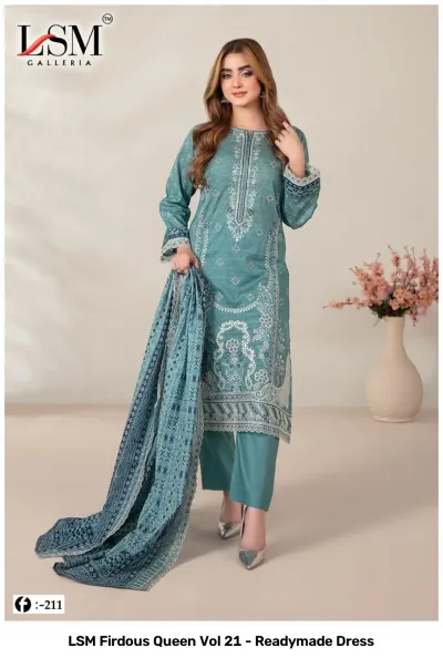 LSM Firdous Queen Vol 21 - Readymade Dress. Teal blue salwar suit featuring intricate thread work embroidery and printed floral patterns on lawn fabric.