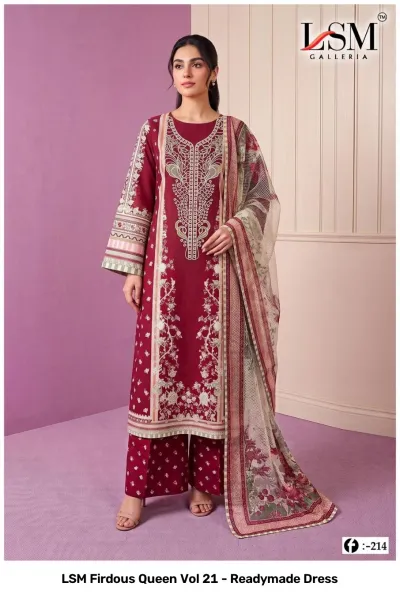 LSM Firdous Queen Vol 21 - Readymade Dress. Maroon salwar suit featuring a wide-leg bottom, thread work embroidery, and a floral printed dupatta.