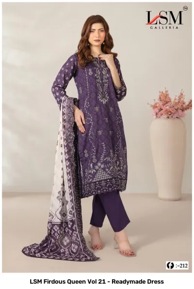 LSM Firdous Queen Vol 21 - Readymade Dress. Deep purple salwar suit with white printed patterns, thread work embroidery, and a matching printed dupatta.