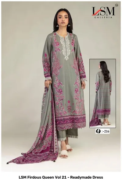 LSM Firdous Queen Vol 21 - Readymade Dress. Grey salwar suit with magenta floral prints, front thread work embroidery, and a coordinating printed dupatta.