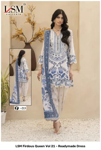 LSM Firdous Queen Vol 21 - Readymade Dress. White and blue salwar suit with intricate floral embroidery, printed patterns, and an elegant white trousers.