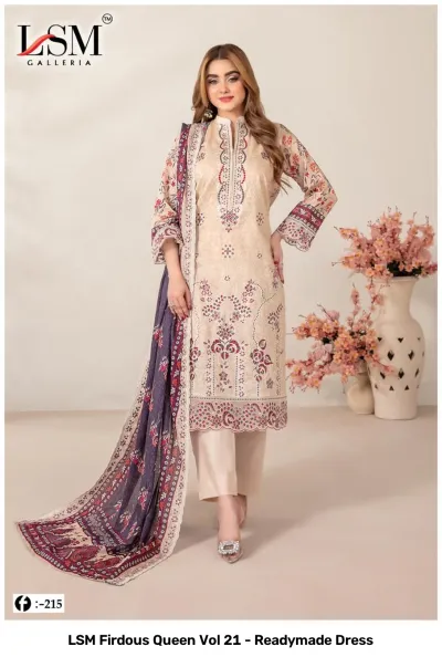 LSM Firdous Queen Vol 21 - Readymade Dress. Beige salwar suit featuring floral prints, thread work embroidery on the neckline, and a dark purple dupatta.