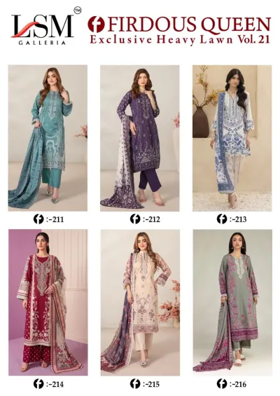 LSM Firdous Queen Vol 21 - Readymade Dress. Catalog collage showing six different readymade salwar suit designs in various colors, patterns, and embroidery styles.