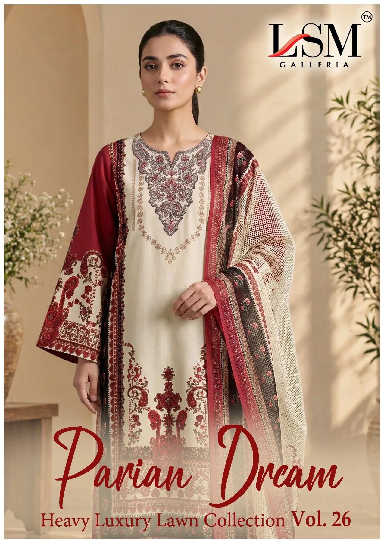 LSM Parian Dream Vol 26, catalog cover displaying a cream salwar suit with red accents, floral print, and neckline thread work.