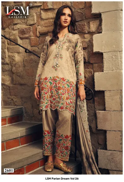 LSM Parian Dream Vol 26, beige salwar suit featuring floral prints, multi-colored thread work embroidery, and a matching dupatta.