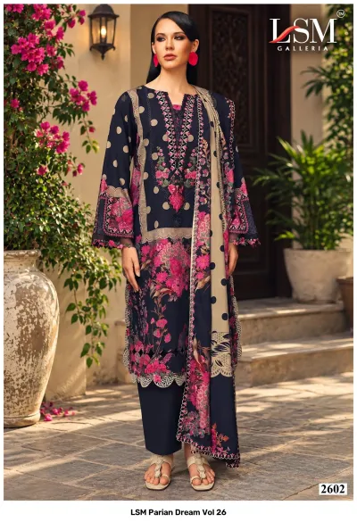 LSM Parian Dream Vol 26, navy blue salwar suit with pink floral patterns, polka dots, and intricate thread work embroidery.