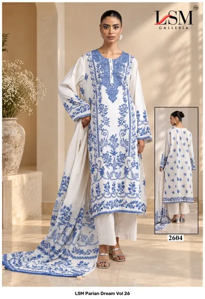 LSM Parian Dream Vol 26, white salwar suit with blue floral embroidery and thread work, featuring a matching embroidered dupatta.