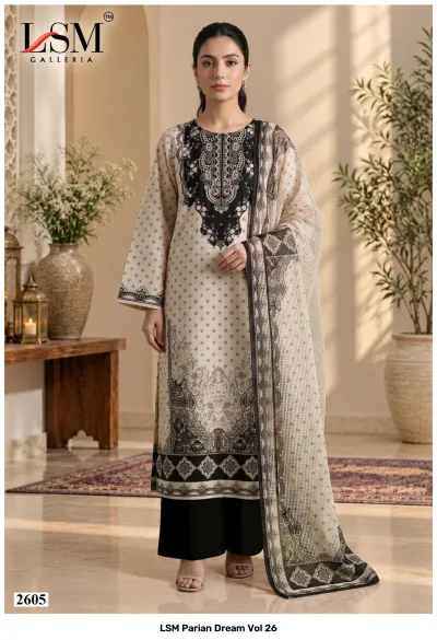 LSM Parian Dream Vol 26, cream and black salwar suit with a printed pattern and detailed black thread work embroidery.
