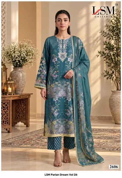 LSM Parian Dream Vol 26, teal salwar suit featuring floral prints, intricate embroidery, and a coordinating printed dupatta.