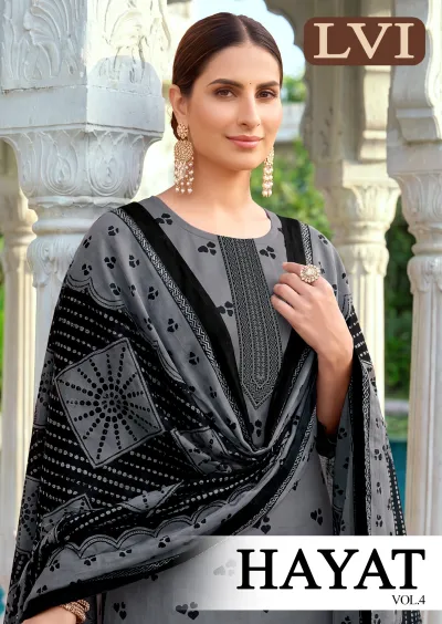 Lvi Hayat Vol 4, grey salwar suit with black heart prints, black thread work embroidery on neckline, and matching printed dupatta.