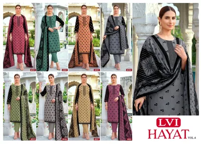 Lvi Hayat Vol 4, a multi-image catalog collage displaying various colors of heart-printed salwar suits with matching dupattas.