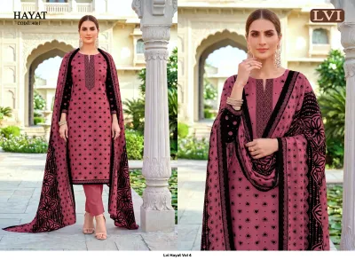 Lvi Hayat Vol 4, pink salwar suit with black heart prints, black thread work embroidery on neckline, and matching printed dupatta.