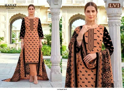 Lvi Hayat Vol 4, peach salwar suit with black heart prints, black thread work embroidery on neckline, and matching printed dupatta.