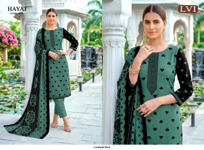 Lvi Hayat Vol 4, green salwar suit with black heart prints, black thread work embroidery on neckline, and matching printed dupatta.