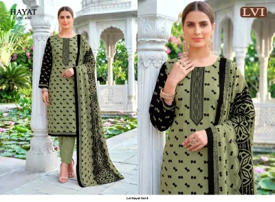 Lvi Hayat Vol 4, olive green salwar suit with black heart prints, black thread work embroidery on neckline, and matching printed dupatta.