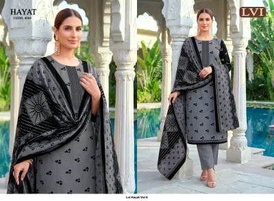 Lvi Hayat Vol 4, grey salwar suit with black heart prints, black thread work embroidery on neckline, and matching printed dupatta.
