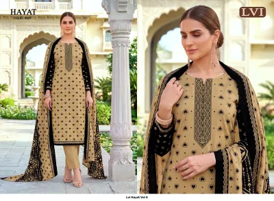 Lvi Hayat Vol 4, beige salwar suit with black heart prints, black thread work embroidery on neckline, and matching printed dupatta.