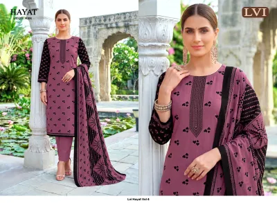 Lvi Hayat Vol 4, purple salwar suit with black heart prints, black thread work embroidery on neckline, and matching printed dupatta.