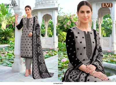 Lvi Hayat Vol 4, grey salwar suit with black heart prints, black thread work embroidery on neckline, and matching printed dupatta.