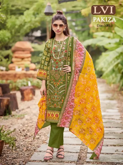 Lvi Pakiza Vol 1: Green salwar suit with printed patterns, thread work embroidery on the kurti, and a contrasting yellow printed dupatta.