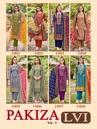 Lvi Pakiza Vol 1: Catalog collage showing eight distinct printed salwar suit designs with thread work embroidery and colorful dupattas.