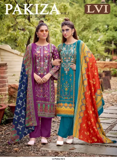 Lvi Pakiza Vol 1: Two salwar suits featuring purple and teal printed kurtis with thread work embroidery and coordinating printed dupattas.