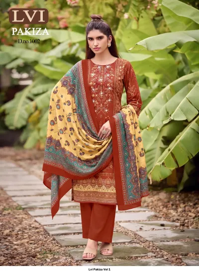 Lvi Pakiza Vol 1: Brown salwar suit featuring a printed kurti with intricate thread work embroidery and a decorative patterned yellow dupatta.